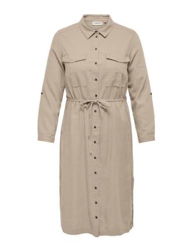 Carcaro Ls Linen Shirt Dress Wvn Knälång Klänning Beige ONLY Carmakoma