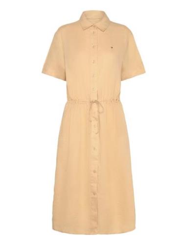 Linen Ss Midi Shirt Dress Knälång Klänning Beige Tommy Hilfiger