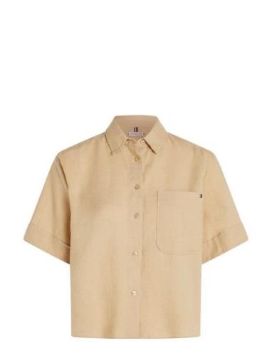 Linen Ss Shirt Tops Shirts Short-sleeved Beige Tommy Hilfiger