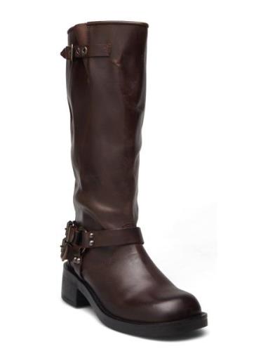 Biaharper Biker Boot Pull Up Leather Höga Stövlar Brown Bianco