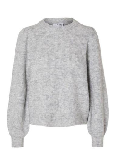 Selected Femme Slflulu Ls Knit Rib O-Neck Noos Grå