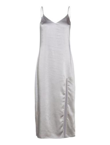 Side-Slit Satin Dress Knälång Klänning Silver Mango