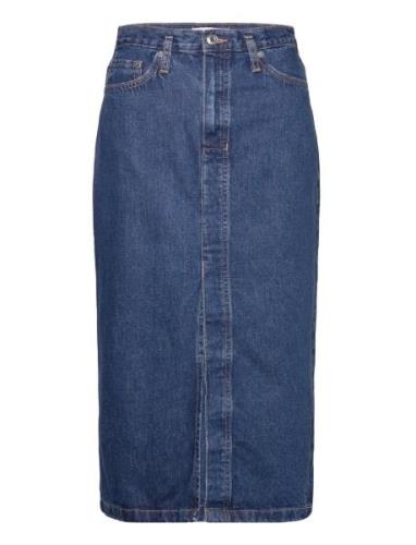 Denim Midi-Skirt Knälång Kjol Blue Mango