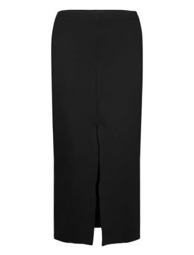 Midi-Skirt With Front Slit Knälång Kjol Black Mango