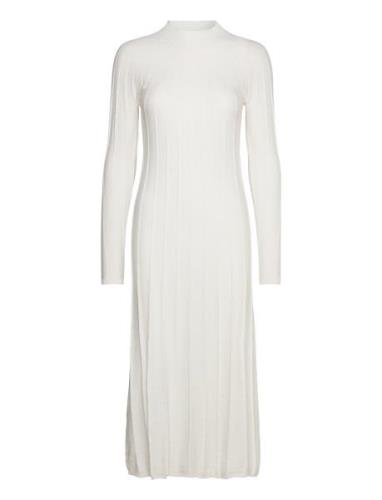 Perkins-Neck Ribbed Dress Knälång Klänning Cream Mango