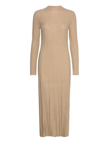 Perkins-Neck Ribbed Dress Knälång Klänning Beige Mango