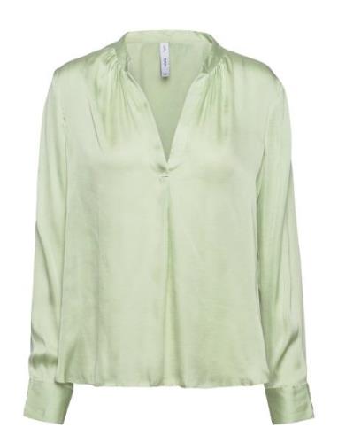 Mandarin-Collar Satin Blouse Tops Blouses Long-sleeved Green Mango