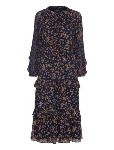 Floral Ruffle-Trim Georgette Dress Knälång Klänning Multi/patterned La...