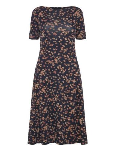 Floral Stretch Cotton Midi Dress Knälång Klänning Navy Lauren Ralph La...