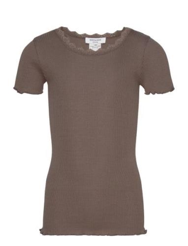 Silk T-Shirt W/ Lace Tops T-shirts Short-sleeved Brown Rosemunde Kids