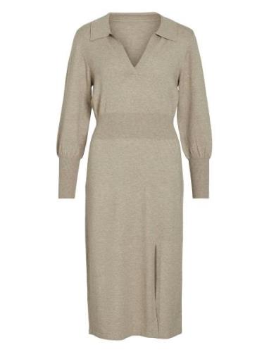 Vicomfy L/S Collar Rib Knit Dress - Noos Knälång Klänning Beige Vila