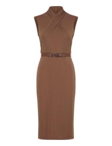 Belted Jersey Mockneck Dress Knälång Klänning Brown Lauren Ralph Laure...