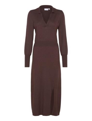 Vicomfy L/S Collar Rib Knit Dress - Noos Knälång Klänning Brown Vila