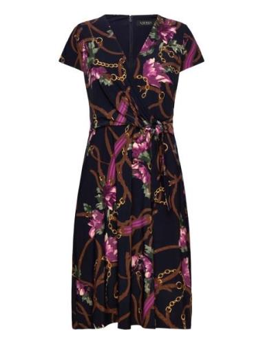 Print Surplice Jersey Dress Knälång Klänning Navy Lauren Ralph Lauren