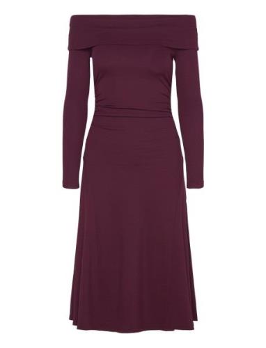 Rib-Knit Off-The-Shoulder Midi Dress Knälång Klänning Burgundy Lauren ...