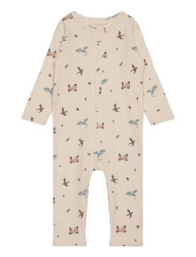 Nightsuit Ls Rib Pyjamas Sie Jumpsuit Beige Fixoni