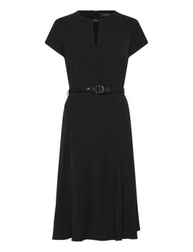 Belted Georgette Dress Knälång Klänning Black Lauren Ralph Lauren