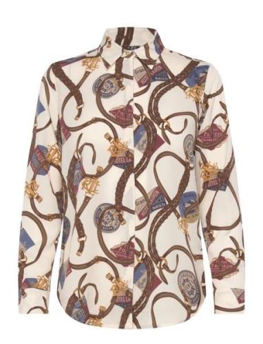 Classic Fit Belting-Print Crepe Shirt Tops Shirts Long-sleeved Cream L...