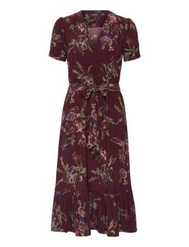 Floral Jersey Surplice Puff-Sleeve Dress Knälång Klänning Burgundy Lau...