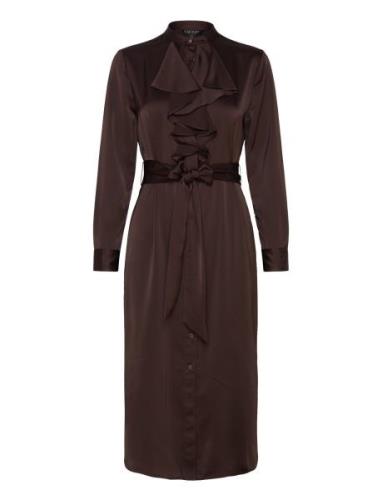 Ruffle-Trim Satin Charmeuse Shirtdress Knälång Klänning Brown Lauren R...