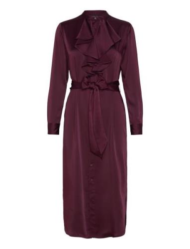 Ruffle-Trim Satin Charmeuse Shirtdress Knälång Klänning Burgundy Laure...