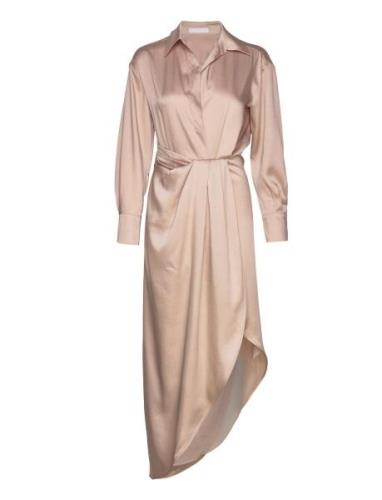 Side-Slit Satin Dress Knälång Klänning Beige Mango