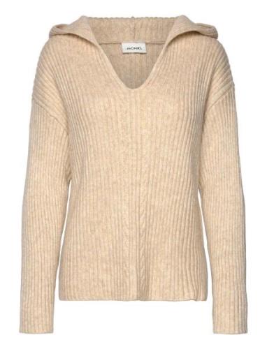 Monki Rib Knit Wool Blend Hooded Sweater Beige