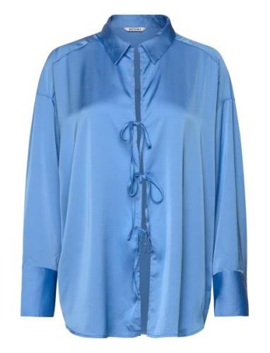 Monki Tiedetail Relaxed Satin Shirt Blå