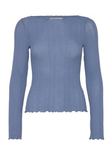 Monki Ribbed Long Sleeve Lettuce Hem Top Blå