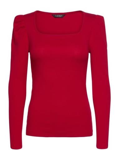 Lauren Ralph Lauren Stretch Cotton Ribbed Puff-Sleeve Tee Röd